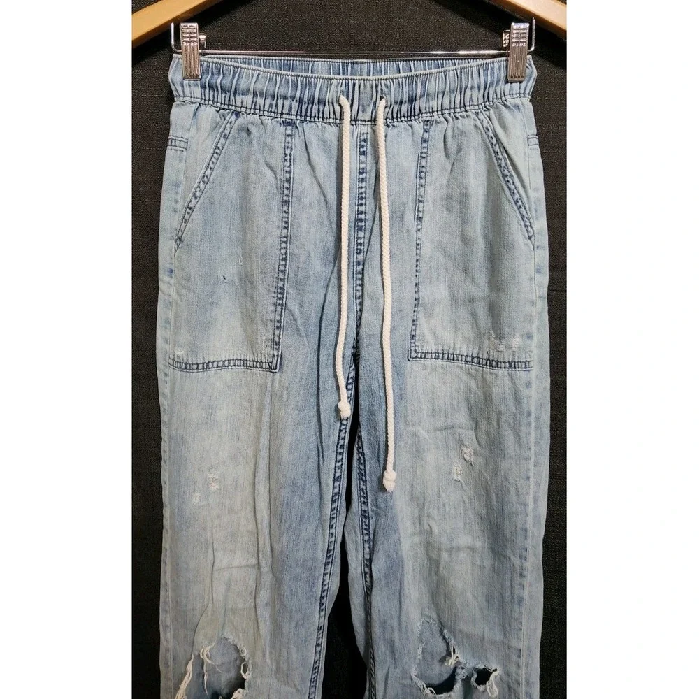 Aerie AE Super High-Waisted Cargo Denim Jogger Light Blue XS Drawstring Casual‎